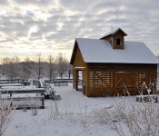 outdoors at Reiman Gardens in winter in the children's garden with the corn crib