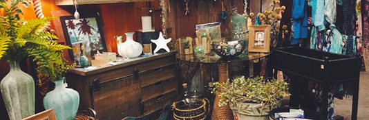 indoors at a botanicl garden outside a gift shop with items for sale like clothes, purses, lamps and home decor.