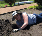 Reiman Gardens intern digging in the dirt