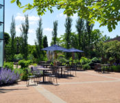 outdoors in summer in the Events Plaza with decorative concreate paths, flowers, tables, chairs and umbrellas