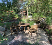outdoors in the Natuarlist Garden in summer with trees, plants and a wood table and chairs