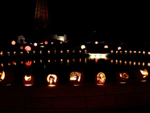 outdoors at Reiman Gardens during Spirits in the Gardens event with carved jack o lanterns